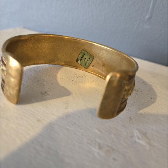 Mixed Metal Chunky Bangle Stack Mother of Pearl Enamel Copper Brass Steel Boho - Picture 9 of 9